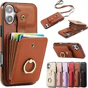 Crossbody Compatible with iPhone 16 Plus Wallet Case Ring RFID Blocking Card Holder Cell Phone Cover for iPhone16plus i Phone16 Plus for Men Women Brown