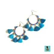 New Blue shaded Tassel beaded Thread Earrings Hoops Designer Wear Wedding Wear