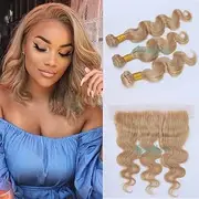 Aprilhair 8A Pre Plucked Lace Frontal With 3 Bundles #27 Honey Blonde Brazilian Virgin Human Hair Body Wave Ear to Ear 13x4 Lace Frontal Closure 12+14 16 18 honey blonde