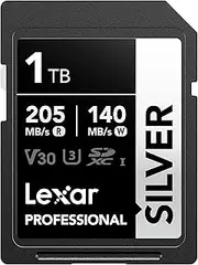 Lexar Silver SD Card 1TB, UHS-I SDXC Card 205 MB/s Read Speed, 140 MB/s Write Speed, V30, U3, C10, 4K UHD Video, SD Card Memory Card with Lexar Lifetime Data Recovery