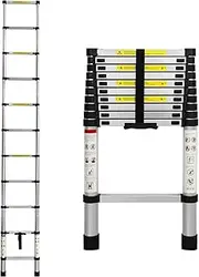 [Traderight] 3.2m Telescopic Ladder Retractable, Aluminium Thicken Extension Ladders 10.5FT for Household,Home,Office, Telescoping Height Locking Extend Climb 150kg Capacity 10 Step Frame Ladder Silver