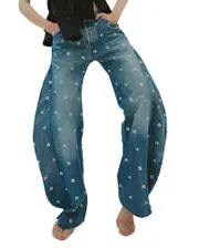A. w.a. k.e. Mode Studded High Rise Barrel Jeans in Blue Denim
