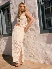Cream Summer Broderie Column 100% Cotton Skirt (E81976) | $120