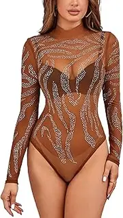 [MAYFASEY] Women Sparkle Rhinestone Bodysuit Mock Neck Long Sleeve Sheer Mesh Bodysuits Going Out Tops