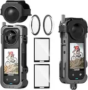 debous Insta 360 X4 Aluminum Metal Frame Cage Bag Case Lens Guards with Silicone Lens Cap Screen Protector for Insta360 X4 X 4 Camera Accessories Kit Multi-use Mount Clamp Adapter