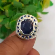 Xmas Blue sapphire Stone Ring Sterling Silver 925 Band gift Ring Jaali Design