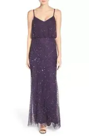 ADRIANNA PAPELL Purple Silver Metallic Beaded Embellished Blouson Gown 2 = XS