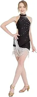 [generic] Women Black Sequin Fringe Latin Competition Dress High Neck Sleeveless Latin Dance Dresses Ballroom Salsa Samba Skirt Latin Training Dress Waltz Foxtrot Dancing Dress (XXL,Black)