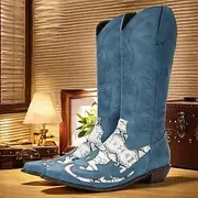 Men's Blue Faux Suede Cowboy Boots with White Snakeskin Accents and Embroidered Design - Western-Style Boots for Rodeo and Outdoor Wear