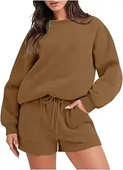 [BURLOE] Women's 2 Piece Outfits Sweatsuit Set Long Sleeve Oversized Sweatshirt Solid Lounge Shorts Sets Casual Tacksuit Matching Set