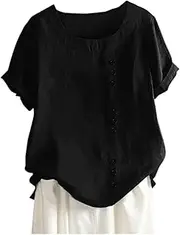 [Generic] Womens Long Sleeve Tees T Shirt Boho Tanic Size Tops Womens Linen Loose Daily Blouse Plus Button Casual Women's Blouse Hiking Shirts Women (Black-1, XL)