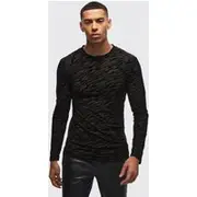 Mens Black Muscle Long Sleeve Mesh Texture T-shirt