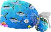 [WOSHJIUK] Working Hat 2 Pack Scrub Caps for Women,Undersea Fish Coral Ocean,Tie Back Cap Adjustable Scrub Hat