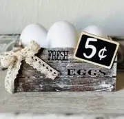 Handmade Tier Tray Farmhouse Mini Wooden Crate w/3 White Wooden Eggs