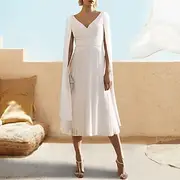 A-Line Cocktail Dresses Elegant Dress Semi Formal Tea Length Short Sleeve V Neck Fall Wedding Guest Chiffon with Shawl dress to impress 2024