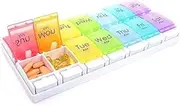 Pill Organizer 2 Times a Day, 7 Day AM and PM Pill Box Organiser, Push Button - Multicoloured Weekly Tablet, Medication and Vitamin Storage