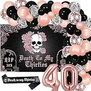 Funmemoir Rip 30s Birthday Decorations Rose Gold and Black - Balloon Garland Arch Kit with Death to My Thirties Backdrop, Sash, Foil Balloons for Gothic Funeral for My Youth 40th Birthday Party