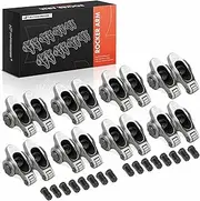 A-Premium 16Pcs Stainless Steel Shaft Mount Rocker Arms Kit with Needle Bearings Compatible with Chevy SBC 350, 1.6 Ratio