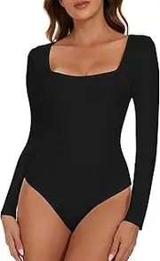 [COMFREE] Long Sleeve Elegant Bodysuit Tops Sexy Square Neck Long Sleeve Bodysuit for Women