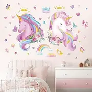decalmile 2 Large Size Unicorn Wall Decals Pink Rainbow Heart Wall Stickers Baby Nursery Kids Room Girls Bedroom Wall Decor