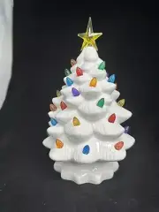 10” Christmas Lighted Tabletop Ceramic Tree White Star Battery Operated