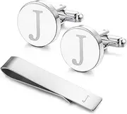 [LOYALLOOK] Stainless Steel Engraved Initial Cufflinks and Tie Clip Bar Set Alphabet Letter With Gift Box A-Z