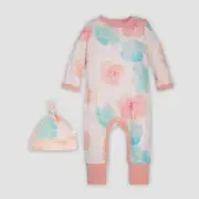 Burt's Bees Baby Girls' Morning Poppy Coverall & Knot Top Hat Set, 18 months