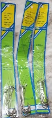 3 Packs 12" Nylon Snelled Hooks Pacific Bass Style Size 5/0 6 hooks per pack