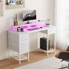White Gaming Computer Desk RGB LED Lights & Power Outlets, Home Office Desk with