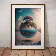Floating Island Poster With Tree Of Life And Earth Globe Surreal Fantasy Art