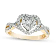 0.38 CT. T.W. Natural Diamond Double Heart Frame Twist Engagement Ring in Solid 10K Yellow Gold