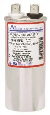 ROUND USA-MADE MOTOR RUN CAPACITOR, 30 MFD, 370/440 VAC Silver