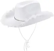 [Jiimhte] Feather Cowgirl Hat - White Bride Western Cowgirl Hats | Bride Festival Fancy Dress Sparkly White Trim Hats Western Hats For Party Costume, Cowboy Themed Birthday