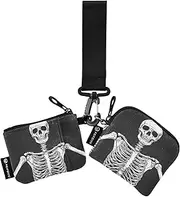 [XYMZR] Mini Zip Around Wristlet keychain Wallet Skeleton Happy Black White for Women Personalized Pattern Detachable Dual Pouch Wristlet Portable Wallet Phone Coin Purse, Multi-colored, One Size