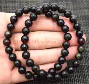 2 Pcs Classic 6/8/10mm Balck Gold Obsidian Gems Round Beads Bracelet Elastic7.5"