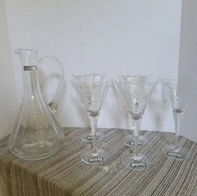 Colony Crystal Clear Floral Etched Wine Glasses Pitcher 6 Pieces Vintage