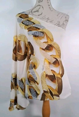ROBERTO CAVALLI Chain Print Silk Asymmetric Wing Sleeve Top One Shoulder BNWT 40