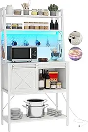 DWVO White Bakers Rack with Power Outlet and LED Light, Microwave Stand Cabinet with Sliding Storage Drawer Barn Door, Farmhouse Kitchen Tall Coffee Bar Table with 4-Tiers Shelf and 8 Hooks