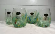 4 White Cristal Murano Style Aqua Confetti Stemless Wine Glasses, Italy New