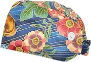 [FVQL] Pack of 2 Surgical Cap Scrub Cap with Buttons, Vintage Pattern carp Fish and Flower