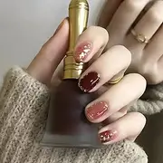 Glossy Short Square False Nails Red Gold Foil Press on Nails Full Coverage Acrylic Fake Nails Reusable False Tips for Women and Girls 24 PCs