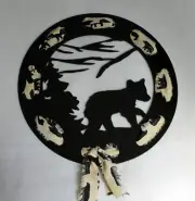 Bear Cub Wreath in Tree and Mountains Plasma Metal Wall Art Wildlife