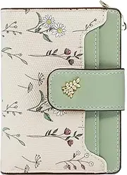 [Farcauo] Cute Green Flower Wallet for Women and Ladies Small Kawaii Coin Purse with ID Window Compact Cash Wallet for Ladies Ladies Lightweight and Stylish Design