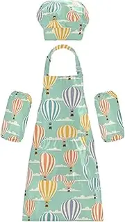 AIXIWAWA Kids Apron Chef Hat Set, Child Kitchen Bib Aprons Adjustable for Cooking Baking Painting (Travel Balloons)
