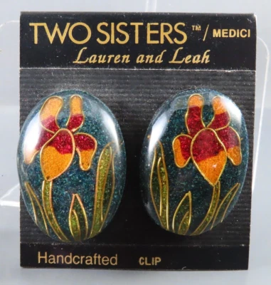 VTG NWT Two Sisters Medici CLOISONNE CLIP-ON EARRINGS Domed Ovals IRIS? FLOWERS