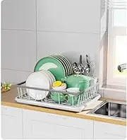 Dish Drying Rack Dish Racks for Kitchen Counter Sink with Drainboard, Utensil Holder and Cup Rack, Kitchen Drying Rack for Dishes, Cups, Knives, Spoons and Forks, White