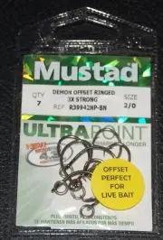 7 Pack Mustad R39942BLN-20 Ultra Point Size 2/0 3X Strong Ringed Circle Hooks