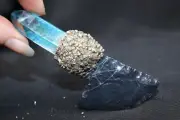 Flint Knapped Spiderweb Obsidian Blade On Aura Quartz Handle w/Crushed Pyrite