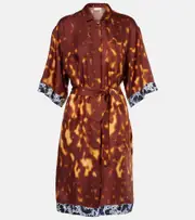 [Dries Van Noten] Dries Van Noten Belted printed silk shirt dress AU 10 brown