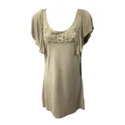 BCBGMAXAZRIA Womens Tunic Top Taupe Flutter Sleeve Cut Outs Scoop Neck M New